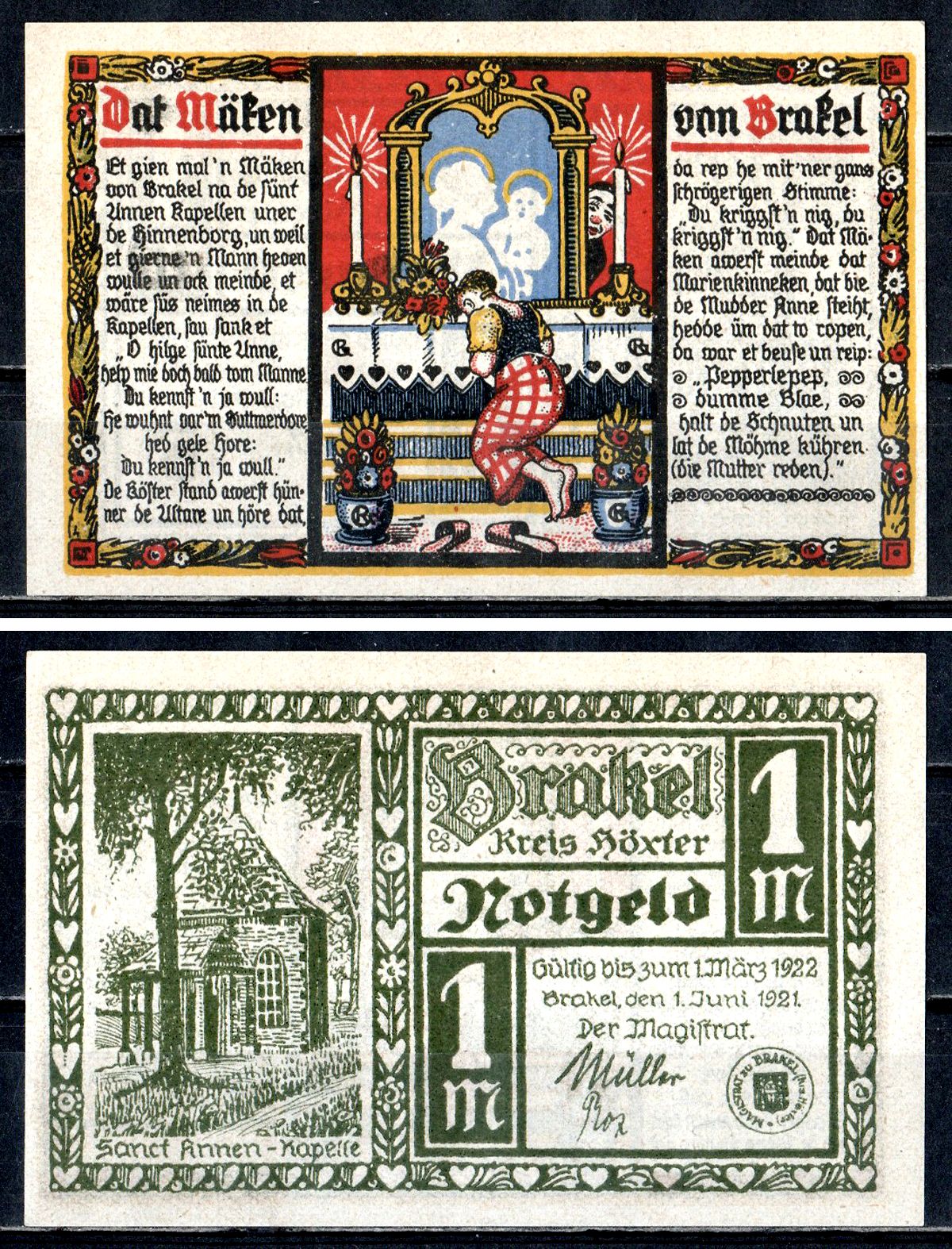 Бракель (Пруссия, Вестфалия) 1 марка 1921 Mehl Grabowski 150.2-4/5 бумага UNC (пресс) 7556-51-4-1