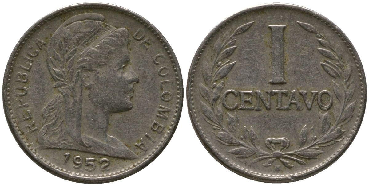 Колумбия 1 сентаво 1952 B, устаревшая дата 1952/12 KM 275a, Schon 12a, Hernandez 331, Restrepo 349 сталь плакированная никелем 4576-1213