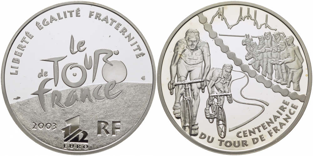 Франция 1 1/2 евро 2003 100 лет велогонкам Тур де Франс, два велосипедиста KM 1323 серебро PROOF 1077-7-44