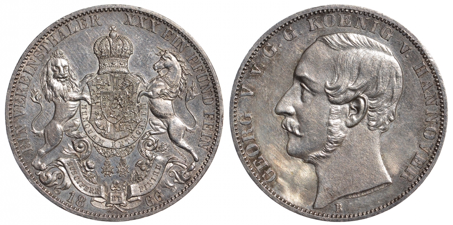 Брауншвейг-Каленберг-Ганновер 1 талер 1866 В, Георг V (1851-1866) КМ 230, AKS. 144, Dav. 682, Kahnt 239, Thun 174 серебро UNC 00-815-57