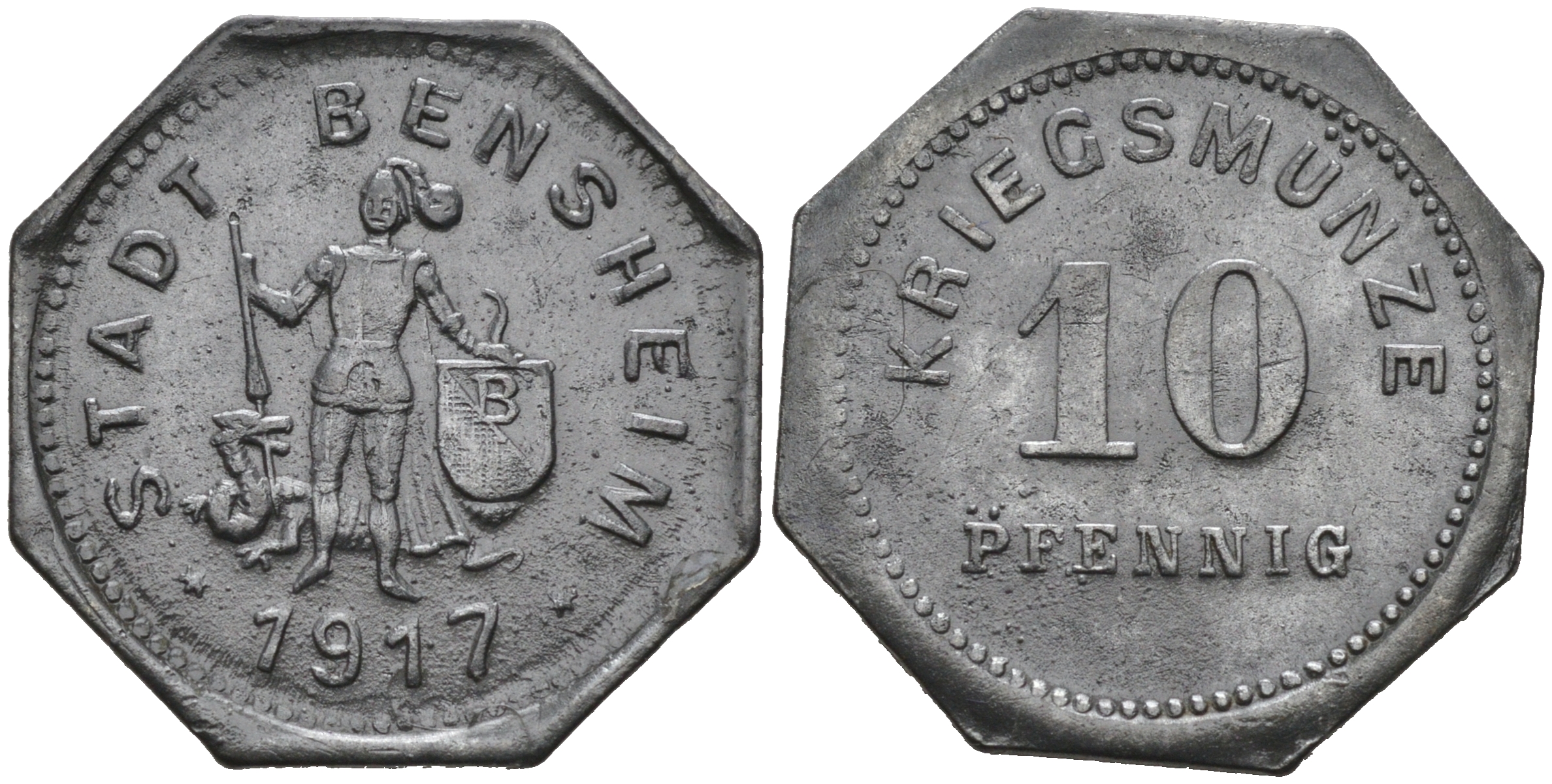 ГЕРМАНИЯ ГЕССЕН БЕНСХАЙМ 10 ПФЕННИГОВ 1917 КРИГСГЕЛЬД цинк 75-1641