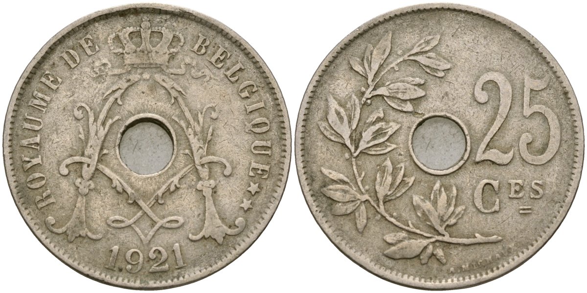 Бельгия 25 сантимов 1921 BELGIQUE KM 68 медно-никель 4132-232