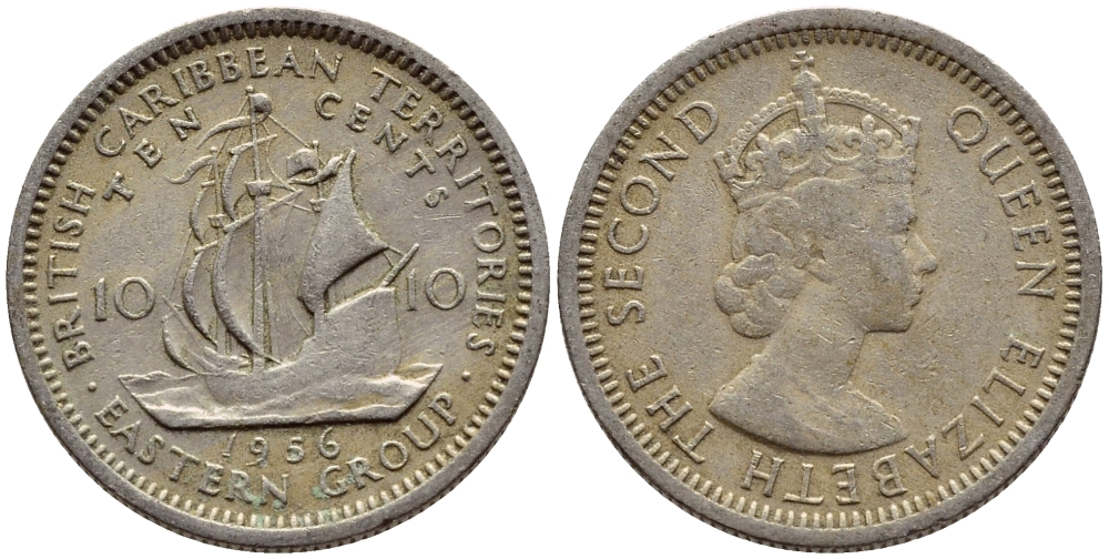 Британские Восточно-Карибские территории 10 центов 1956 Елизавета II (1952-2022), парусник KM 5 медно-никель 4387-519