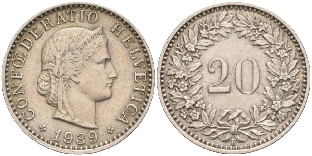 ШВЕЙЦАРИЯ 20 РАППЕНОВ 1939 В KM 29a медно-никель 55-644