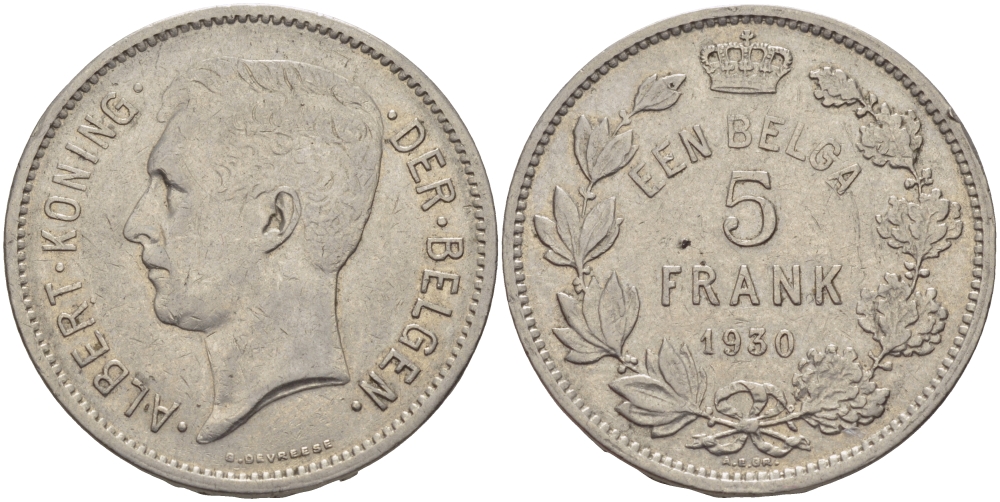 БЕЛЬГИЯ 5 ФРАНКОВ 1930 BELGEN KM 98 никель 82-1142