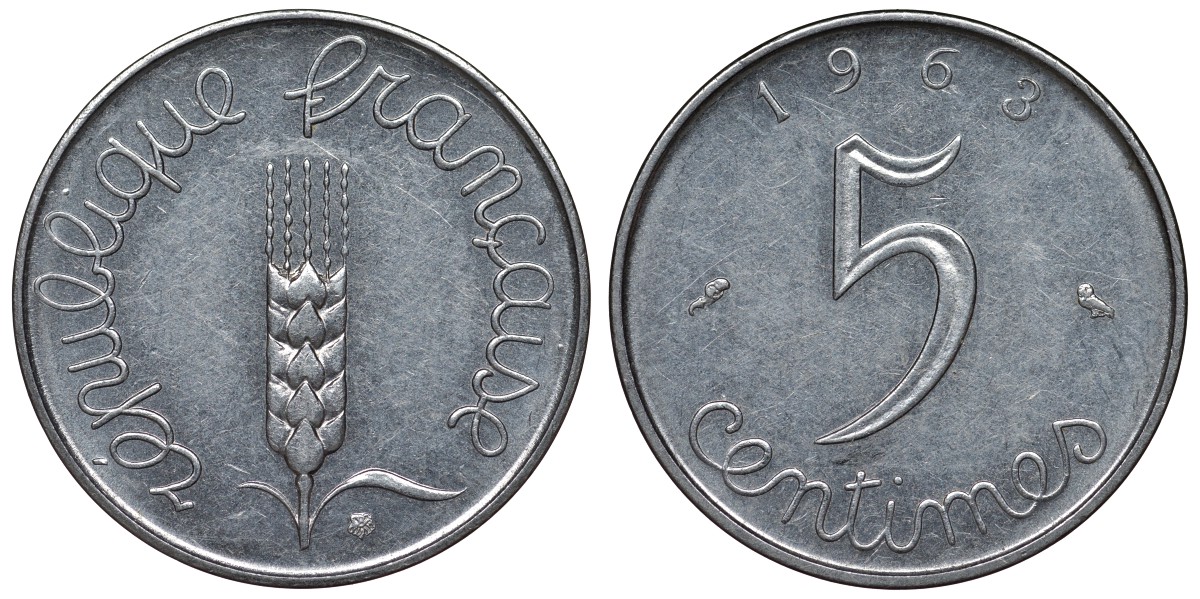 Франция 5 сантимов 1963 KM 927, Le Franc 124.5 хромированная сталь 4128-136