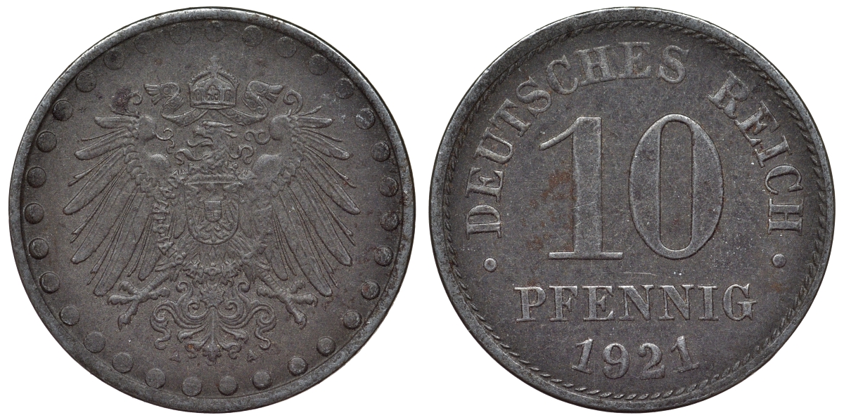 Германия 10 пфеннигов 1921 A KM 20, J. 298 железо 4119-245
