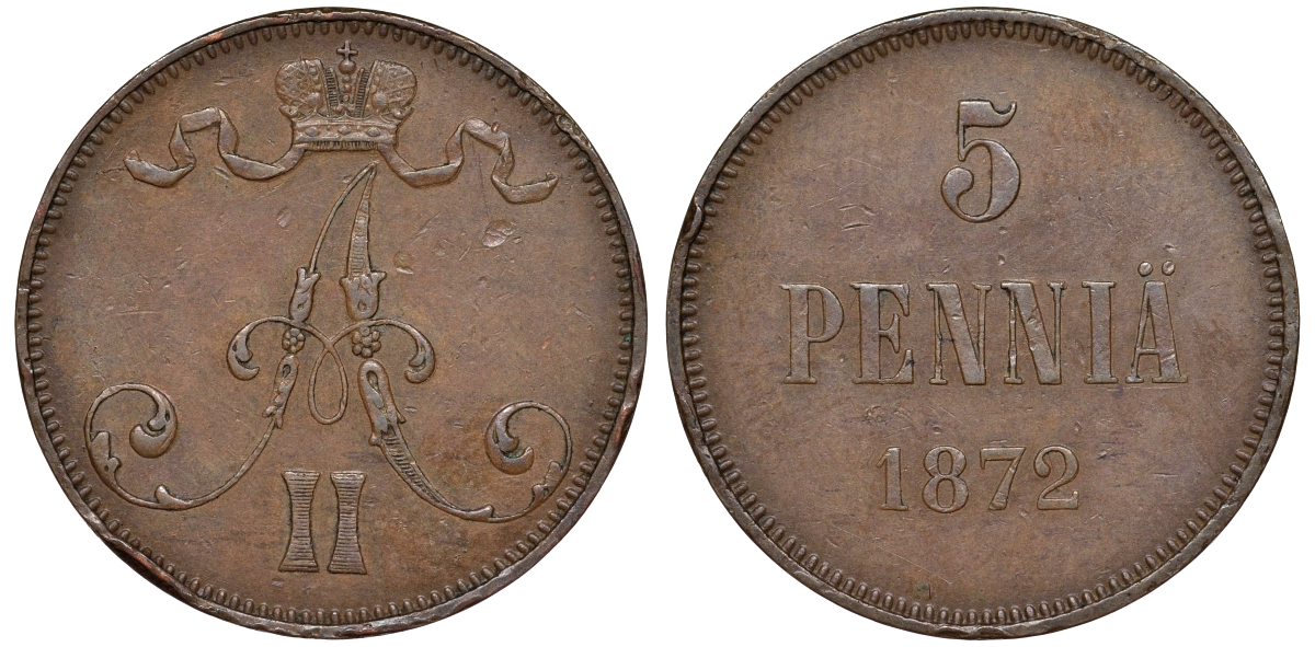 Россия для Финляндии 5 пенни 1872 Александр II (1855-1881) Биткин 661 медь XF 413-3531