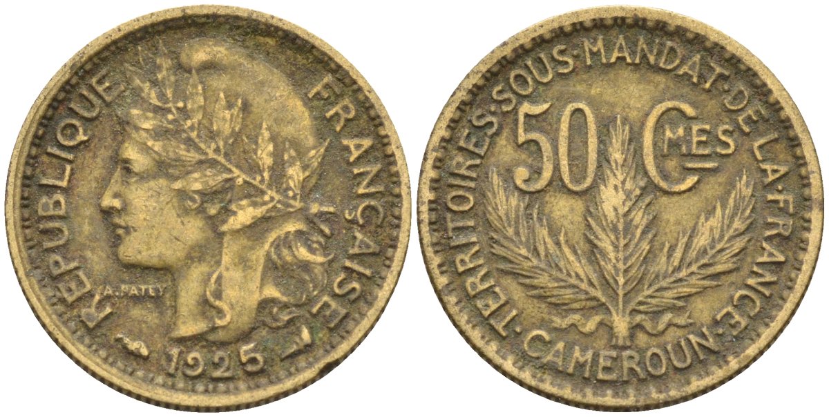 Французский Камерун 50 сантимов 1925 (а), монетный двор Париж KM 1 алюминиевая бронза 4164-1221