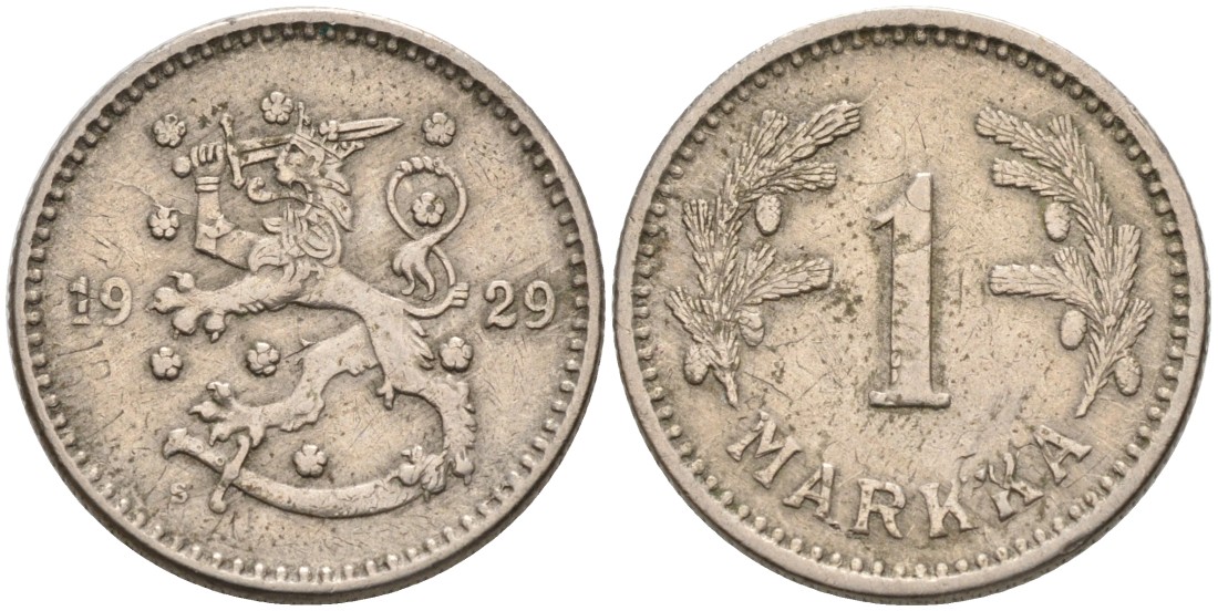 ФИНЛЯНДИЯ 1 МАРКА 1929 S KM 30 медно-никель 4563-626