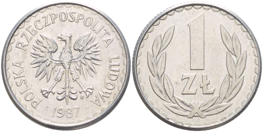 ПОЛЬША 1 ЗЛОТЫЙ 1987 MW KM 49.2, Parchimowicz 214b алюминий 4551-1045