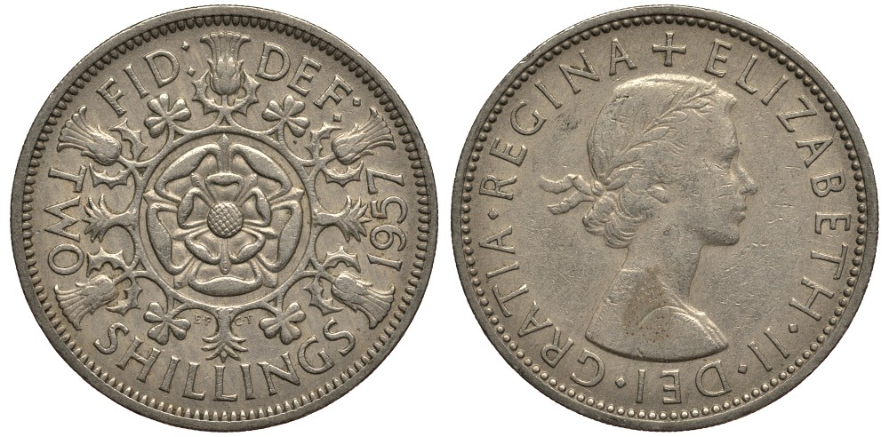 Великобритания 2 шиллинга (флорин) 1957 Елизавета II (1952-2022) KM 906, Spink 4146 медно-никель  4185-635