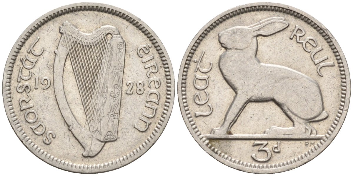 Ирландия 3 пенса 1928 заяц KM 4 никель 4174-311