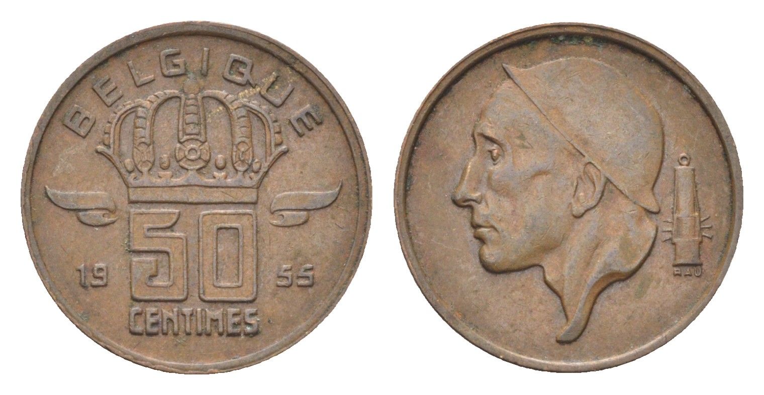 Бельгия 50 сантимов 1955 Belgique, Бодуэн I (1951-1993) KM 148 бронза 4705-223