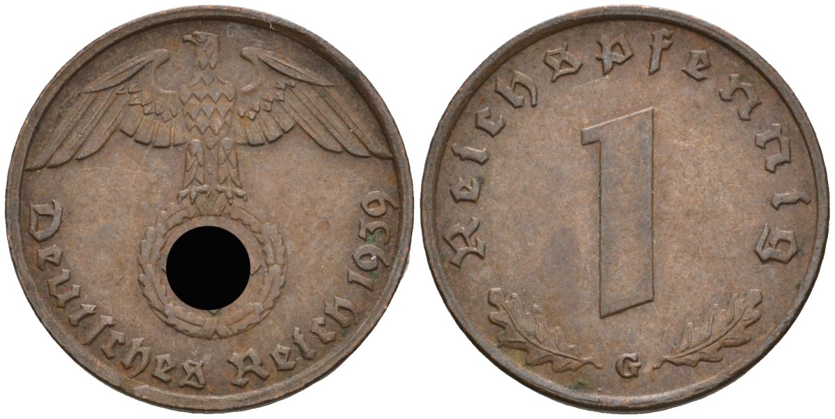 Германия 1 рейхспфенниг 1939 G KM 89, J 361 бронза 4136-1238