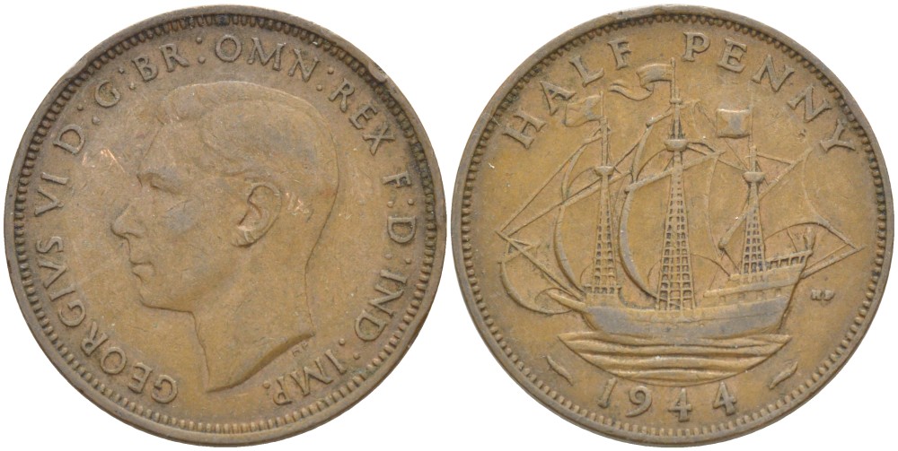 Великобритания 1/2 пенни 1944 Георг VI (1936-1952) KM 844, Spink 4115 бронза 59-844