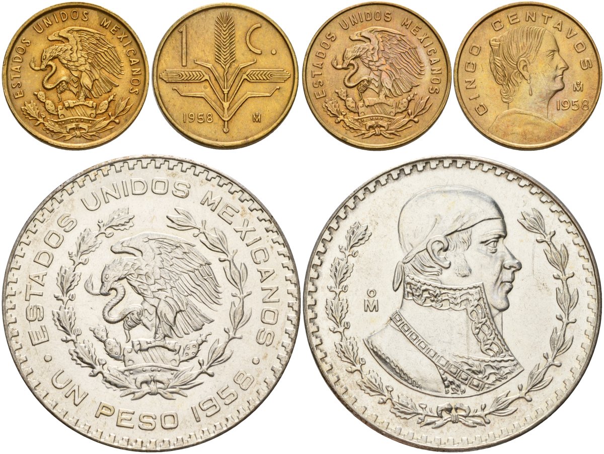 Мексика набор из 3 монет 1958 1 и 5 сентаво, 1 песо KM 417, 426, 459 бронза, латунь, серебро UNC 1518-242