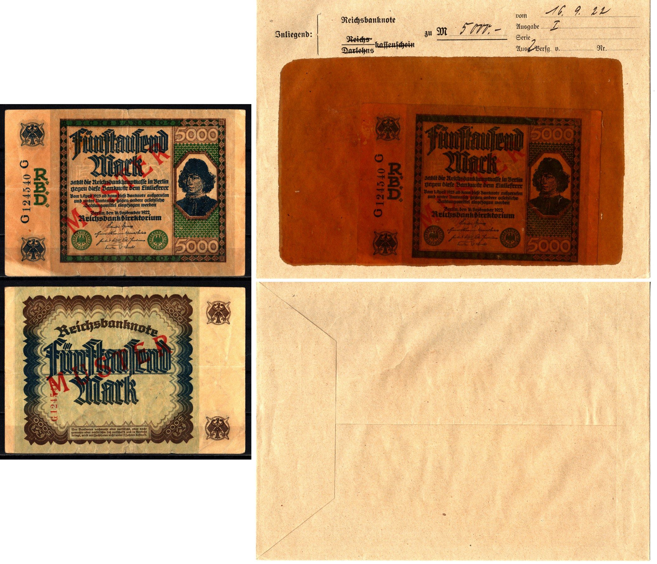 Германия 5000 марок 1922 16 сентября, MUSTER, образец, Specimen. В оригинальном банковском конверте. Из коллекции Отто Сейфферта (помощник Ялмара Шахта - министра экономики Германии и президента Рейхсбанка времен третьего рейха) Pick 77 s, Grabowski DEU 8