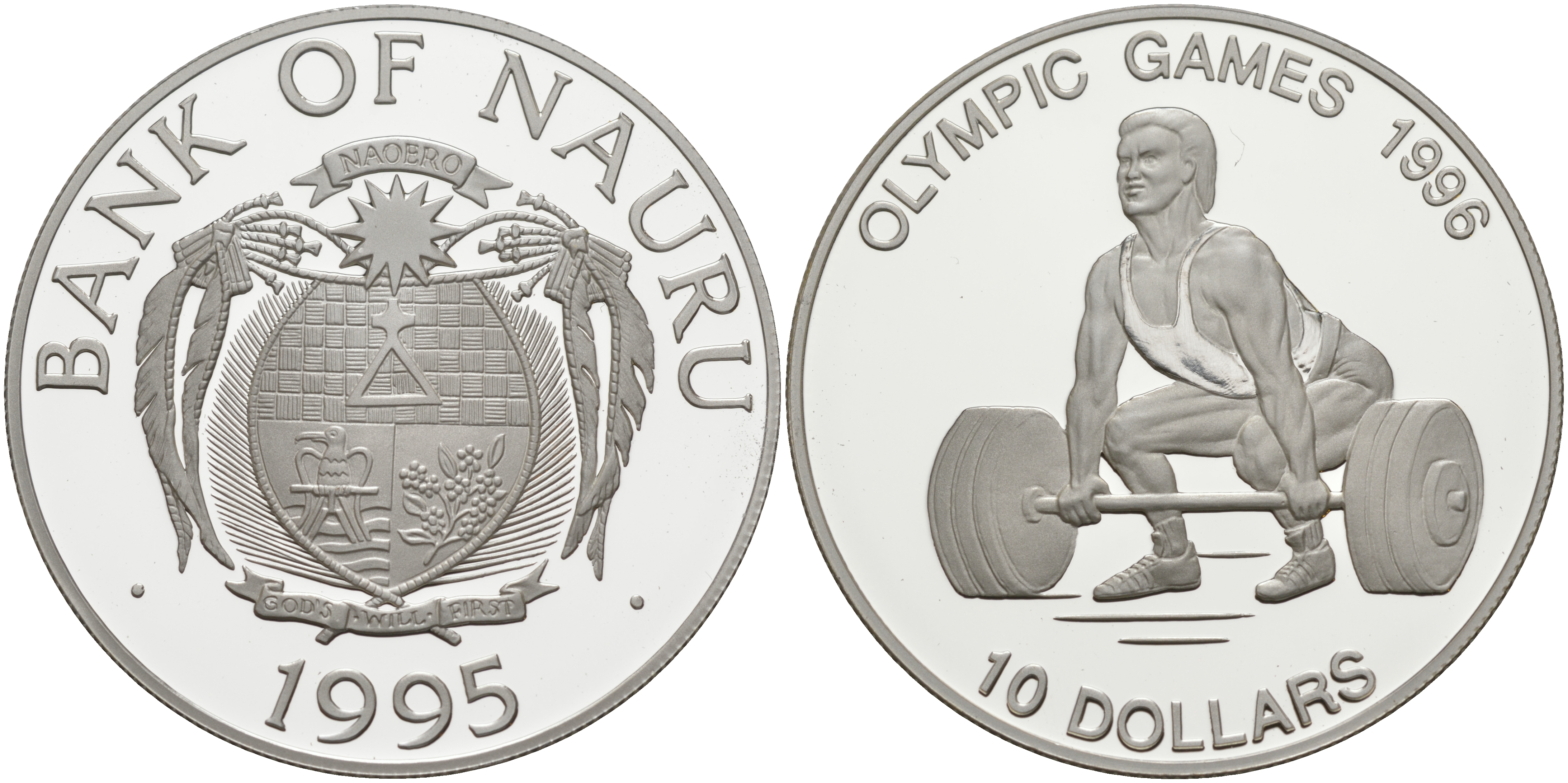 Науру 10 долларов 1995 Олимпийские игры 1996 года в Атланте, тяжелая атлетика, штангист KM 9 серебро PROOF 000-000-00