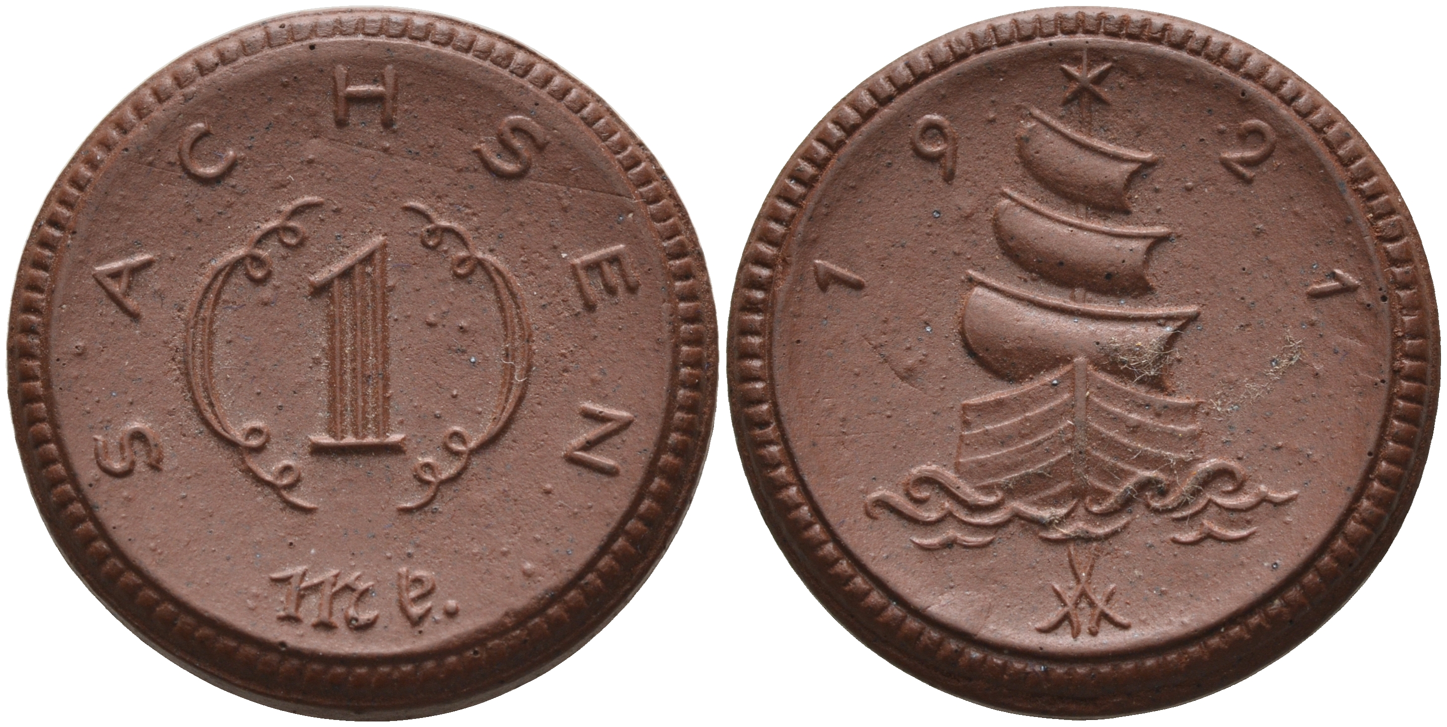 Саксония 1 марка 1921 парусник J. N 55 фарфор 1094-3-13