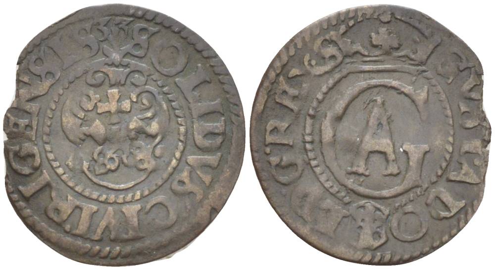 Ливония 1 солид (шелаг, шиллинг) 1633 ГУСТАВ II АДОЛЬФ (1611-1632), ШВЕДСКАЯ ОККУПАЦИЯ, ВЕС 0,39 KM 9 серебро 1517-1045