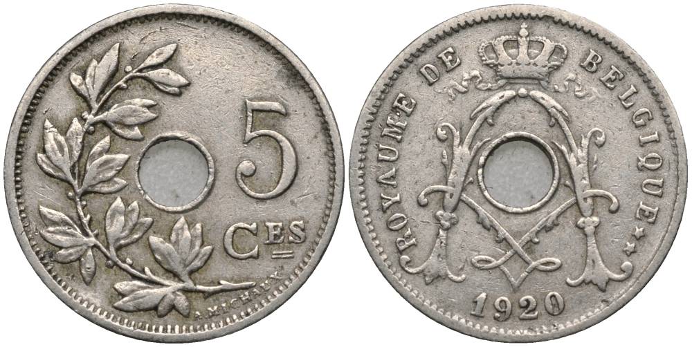 БЕЛЬГИЯ 5 САНТИМОВ 1920 BELGIQUE, АЛЬБЕРТ I (1909-1934) KM 66 медно-никель 4548-1243