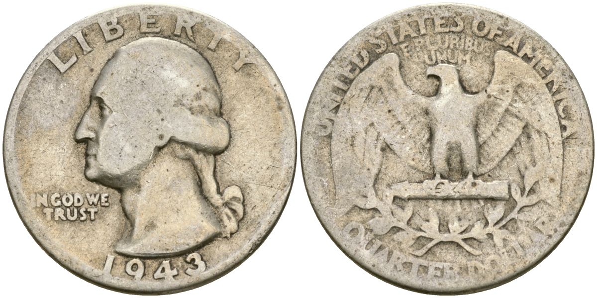 США 25 центов = квотер 1943 Вашингтон KM 164 серебро 4573-1232