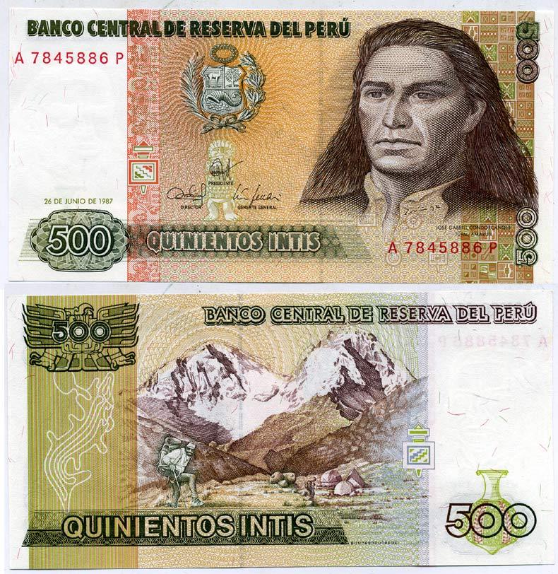 Перу 500 инти 1987 Хосе Габриель, Тупак Амару II, южноамериканский революционер, организатор восстания коренных народов против испанских колониальных властей в перу, альпинисты на восхождении Pick 134b бумага UNC (пресс) 6287-34-4