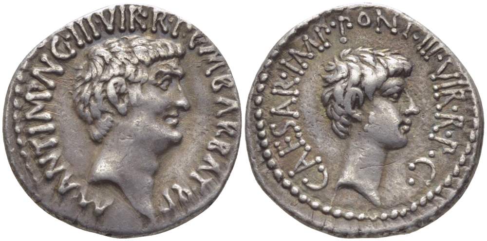 Римская Республика денарий 41 г. до н.э. Марк Антоний и Октавиан, квестор М. Барбатий Поллион M ANT IMP AVG IIIVIR R P C M BARBAT Q P голова Марка Антония, обращенная вправо / CAESAR IMP PONT IIIVIR R P C голова Октавиана, обращенная вправо,