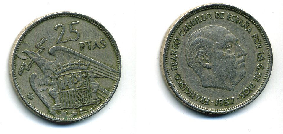 ИСПАНИЯ 25 ПЕСЕТ 1957 (68) ФРАНСИСКО ФРАНКО ДИКТАТОР ИСПАНИИ (1939-1975) KM 787 медно-никель 36-321
