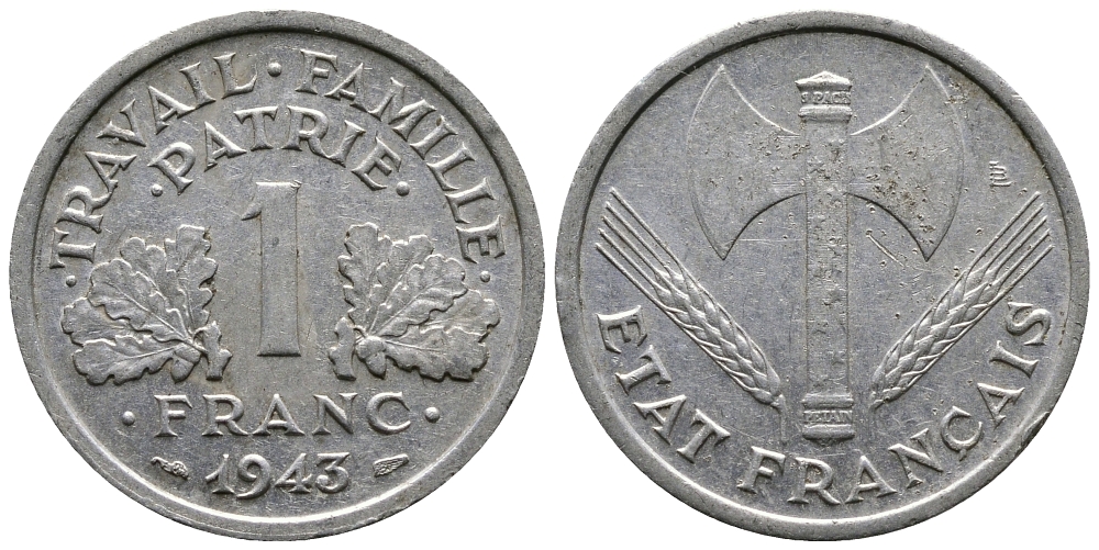 ФРАНЦИЯ 1 ФРАНК 1943 LB, ТИП LEGERE, ПРАВИТЕЛЬСТВО ВИШИ KM 902.1, LE FRANC 223.3 алюминий 83-1941