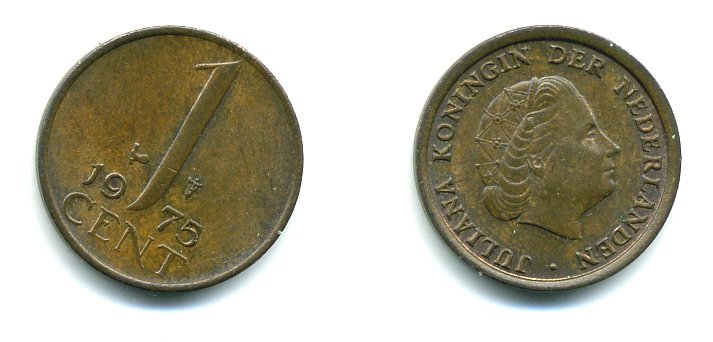 НИДЕРЛАНДЫ 1 ЦЕНТ 1975 ЮЛИАНА KM 180 бронза 76-316