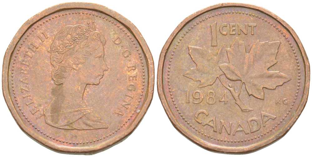 КАНАДА 1 ЦЕНТ 1984 КЛЕНОВЫЙ ЛИСТ, ЕЛИЗАВЕТА II KM 132 бронза 105-333