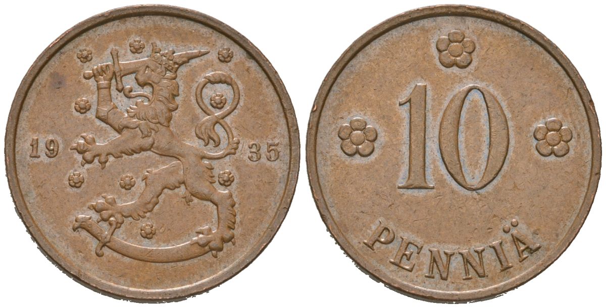 Финляндия 10 пенни 1935 KM 24 медь aUNC 4586-535