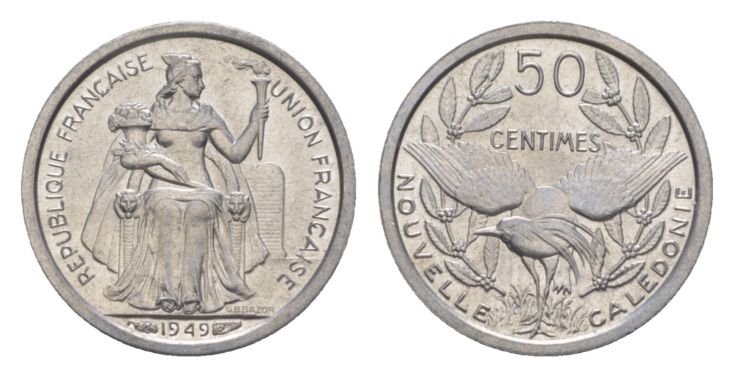 Французская Новая Каледония 50 сантимов 1949 птица кагу, заморские территории KM 1 алюминий  aUNC  4640-863