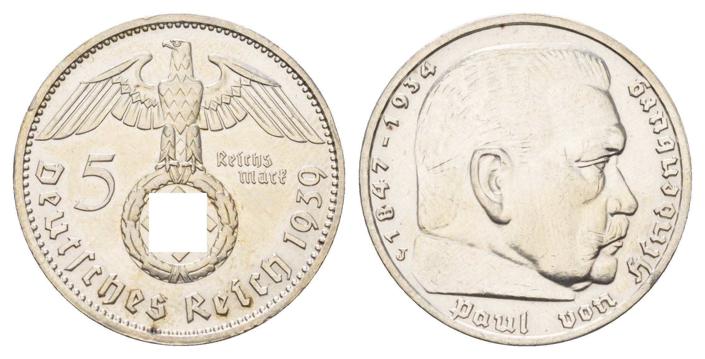 Германия 5 рейхсмарок 1939 J, Пауль фон Гинденбург (1847-1934) KM 94, J. 367 серебро 1517-1142