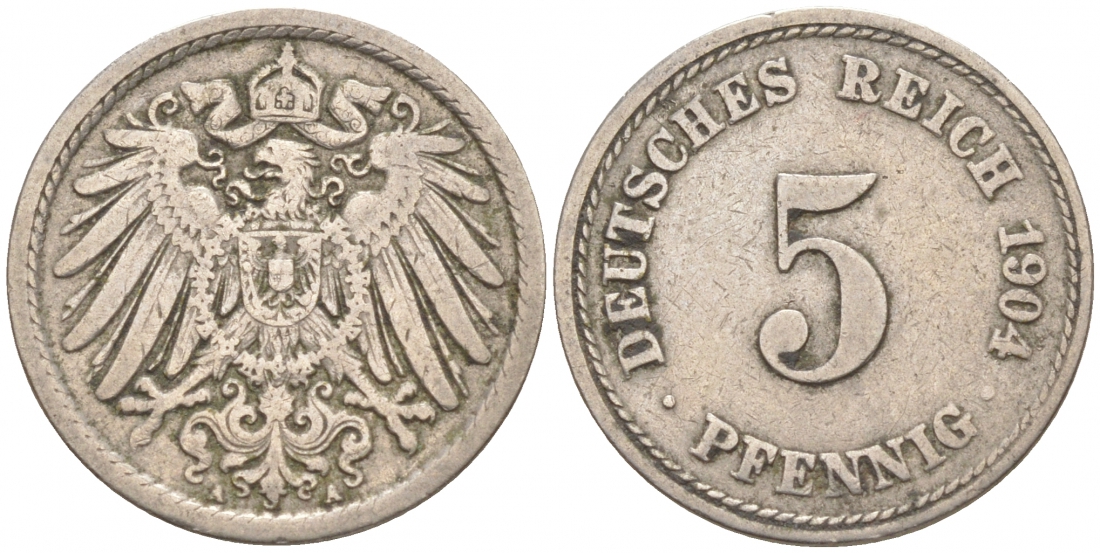 ГЕРМАНИЯ 5 ПФЕННИГОВ 1904 A, KM 11, J. 12 медно-никель 73-1754