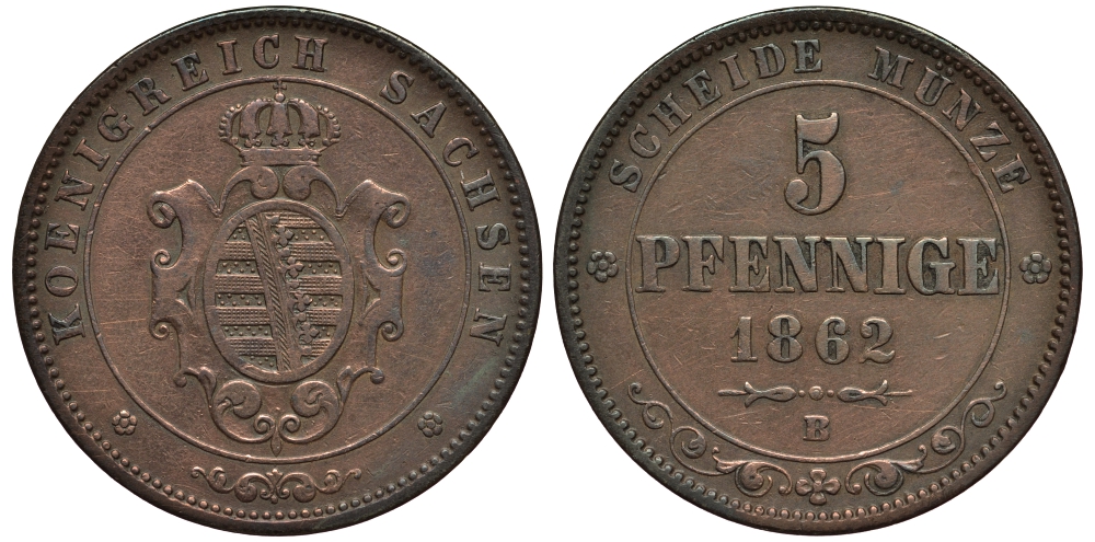 Саксония 5 пфеннигов 1862 B, Йоханн (1854-1873) KM 1218 медь 413-6042