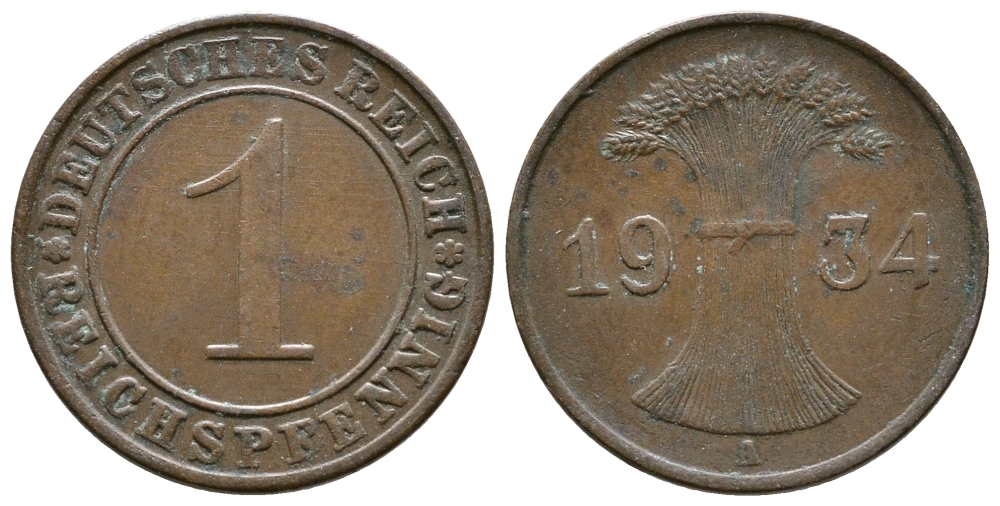 ГЕРМАНИЯ 1 РЕЙХСПФЕННИГ 1934 A KM 37, J. 313 бронза 4380-1248