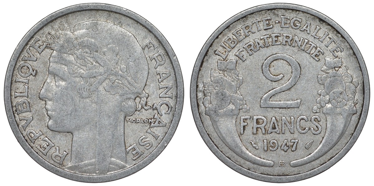 Франция 2 франка 1947 В KM 886а.2, Le Franc 269.11 алюминий 4123-343