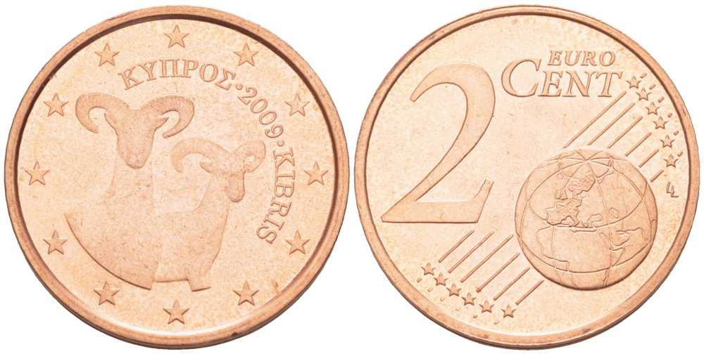 КИПР 2 ЕВРОЦЕНТА 2009 ДВА МУФЛОНА KM 79 сталь плакированная медью UNC 100-713