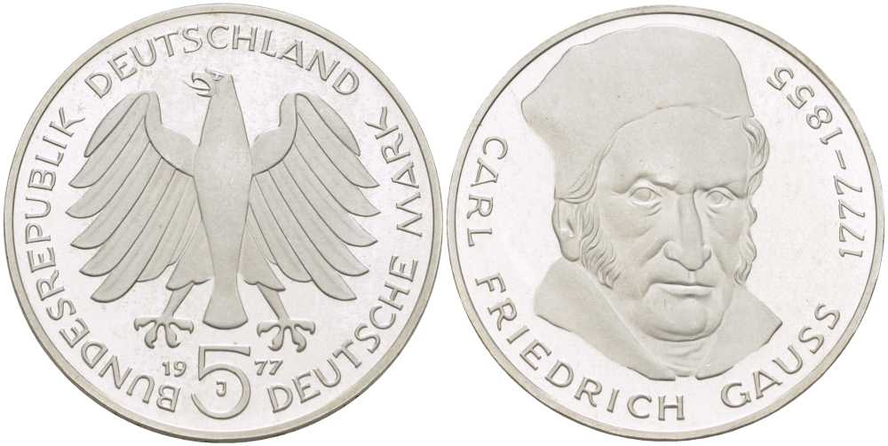 ФРГ 5 марок 1977 J, 200 лет со дня рождения Карла Фридриха Гаусса KM 145, J.420 серебро PROOF 180-1032