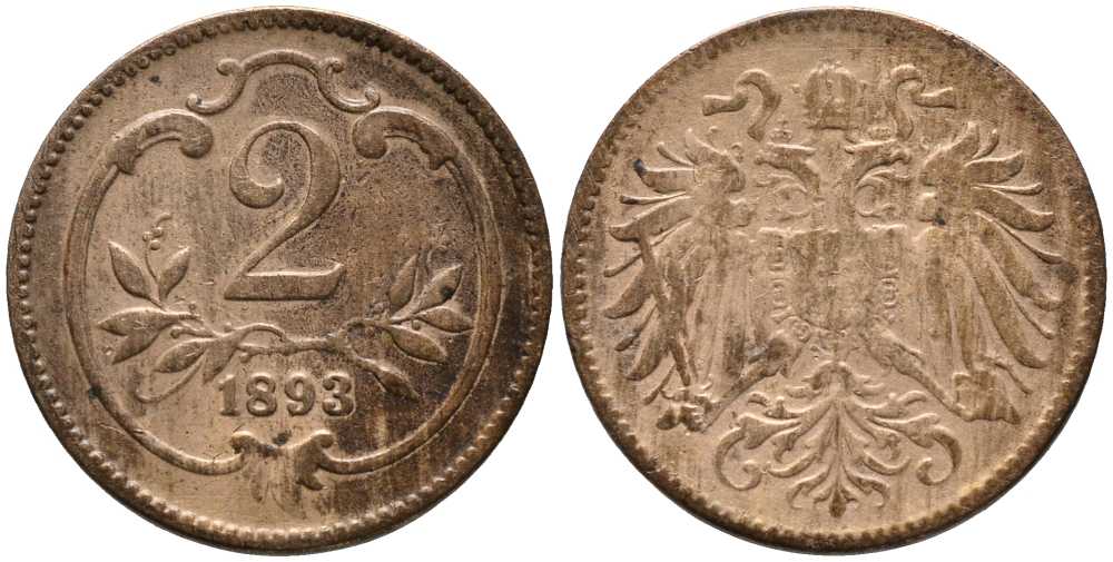 АВСТРИЯ 2 ГЕЛЛЕРА 1893 ФРАНЦ ИОСИФ (1848-1916) KM 2801 бронза 116-828