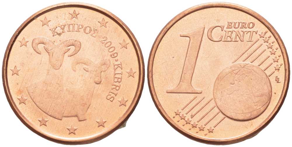 КИПР 1 ЕВРОЦЕНТ 2009 ДВА МУФЛОНА KM 78 сталь плакированная медью UNC 105-245