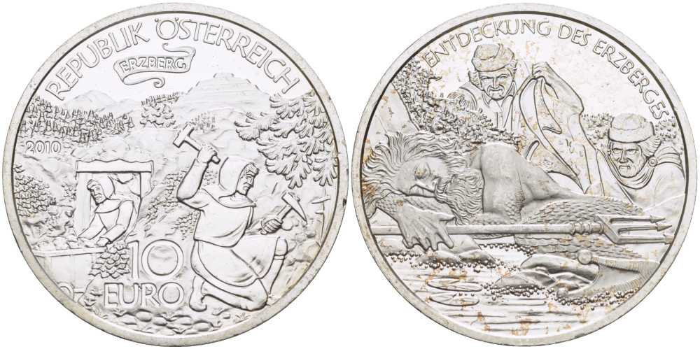 Австрия 10 евро 2010 серии сказки и легенды, открытие горы Эрцберг (железная гора) в Штирии KM 3185 серебро PROOF 1076-2-31