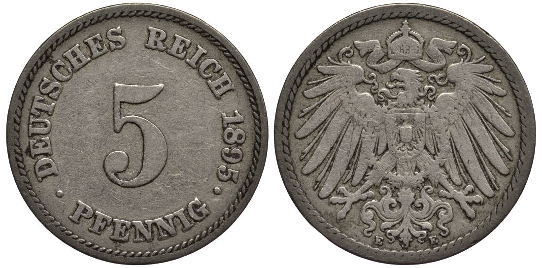 ГЕРМАНИЯ 5 ПФЕННИГОВ 1895 E KM 11, Jager 12, Weege 6 медно-никель 4547-346