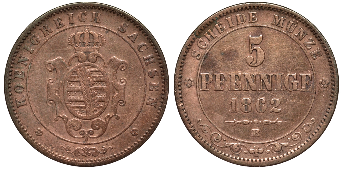 САКСОНИЯ 5 ПФЕННИГОВ 1862 B, ЙОХАНН (1854-1873) KM 1218 медь 75-736