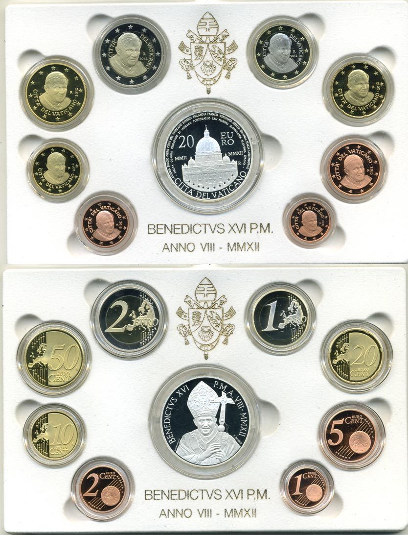 Ватикан евронабор из 8 монет + 20 евро 2012 Бенедикт XVI, в оригинальной коробке, с сертификатом KM NEW биметалл PROOF 5-4-6-03
