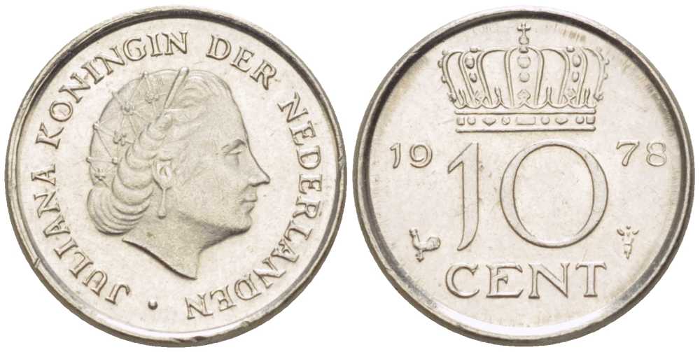 Нидерланды 10 центов 1978 Юлиана (1948-1980) КМ 182 никель 211-1237