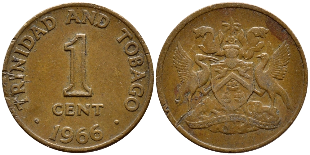 Тринидад и Тобаго 1 цент 1966 герб KM 1 бронза 4396-923